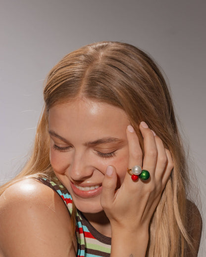 Triple White, Red and Green Pearl Ring Twins & Triplets