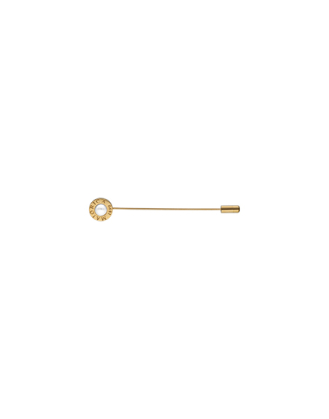 Inox Steel Le Club long gold steel broach with logo and white half pearl | Majorica Pearls