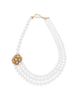 Gold plated 3 strand Clavelina pearl necklace with zirconia flower | Majorica Pearls