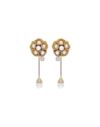 Gold plated Long Clavelina pearl and flower earrings with zirconias | Majorica Pearls